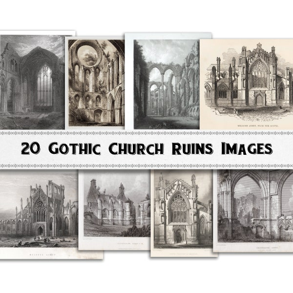 Medieval Gothic Church Ruin Engraving Images / Digital Download / Commercial Use / Abby Monastery Convent Ruins