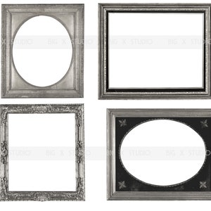 May include: Four antique silver picture frames with ornate detailing. Two rectangular frames and two with oval openings. The frames have a distressed, vintage appearance, with visible texture and wear. The image includes the text "BIG X STUDIO".