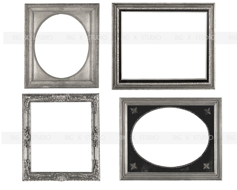 May include: Four antique silver picture frames with ornate detailing. Two rectangular frames and two with oval openings. The frames have a distressed, vintage appearance, with visible texture and wear. The image includes the text "BIG X STUDIO".