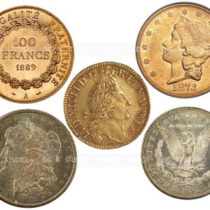 May include: Five gold and silver coins from different countries and time periods. The coins feature various designs, including a portrait of a woman, an eagle, and a wreath of leaves. The coins are all in good condition and have a golden and silver sheen.