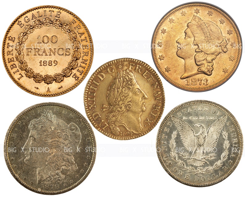 May include: Five gold and silver coins from different countries and time periods. The coins feature various designs, including a portrait of a woman, an eagle, and a wreath of leaves. The coins are all in good condition and have a golden and silver sheen.