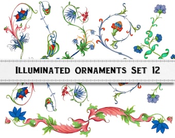 Ornements médiévaux enluminés de manuscrits : clipart de bordures de vigne de fleurs (téléchargement numérique)