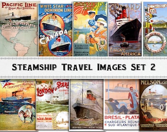 Può includere: Un collage di manifesti di viaggio vintage che pubblicizzano linee di navi a vapore. I manifesti presentano immagini di navi, mappe e testo in varie lingue. I manifesti sono di vari colori, tra cui rosso, blu, verde e giallo.