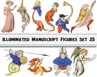 Medieval Manuscript Art, People and Creatures Set 25, Commercial Use (Digital Download)