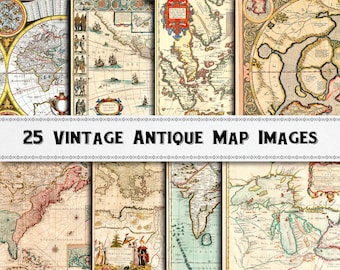 May include: A collection of 25 vintage antique map images. The maps are in various styles and colors, and they depict different parts of the world. Some of the maps are hand-drawn, while others are printed. The maps are all in good condition and would make a great addition to any collection.