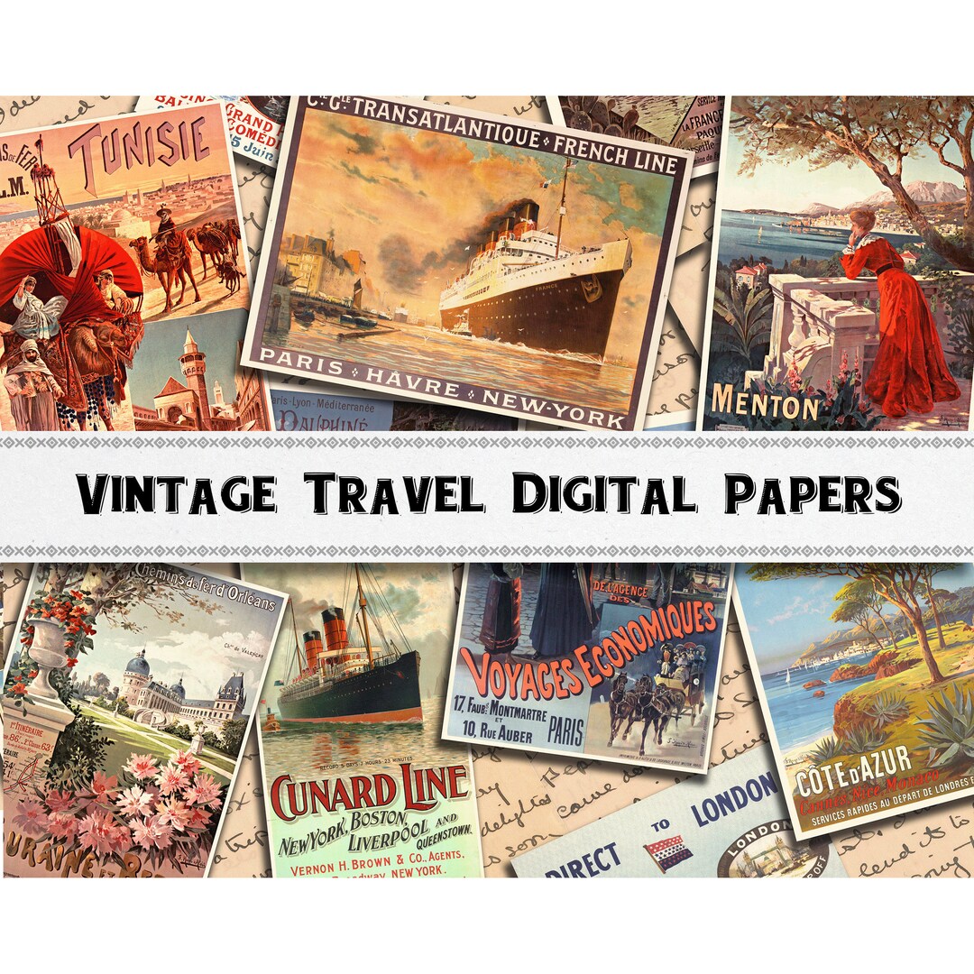 Vintage Travel Digital Paper / Scrapbook Wallpapers / Travel Ephemera