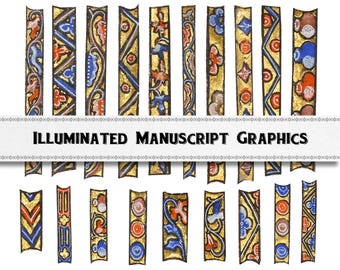 Medieval Manuscript Art, Vertical Gold Leaf Border Ornaments, Commercial Use (Digital Download)