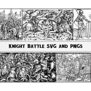 Könnte beinhalten: Schwarz-Weiß-Illustrationen, die mittelalterliche Ritterkämpfe darstellen. Die Bilder zeigen Ritter zu Pferd, beim Lanzenstechen und im Kampf. Der Text "KNIGHT BATTLE SVG AND PNGS" wird in der Mitte angezeigt.