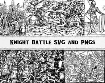 Medieval Knight Battle Images, Digital Download, Illuminated Manuscript Woodcut, SVG PNG, Commercial Use Clipart