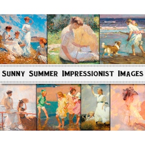 Puede incluir: Un collage de ocho pinturas impresionistas que representan escenas de personas disfrutando del verano al aire libre. Las pinturas presentan figuras en varias poses, incluyendo mujeres con vestidos blancos, niños jugando en el agua y un perro corriendo por la playa. Las pinturas están ambientadas en un fondo de cielo azul, árboles verdes y playas de arena.