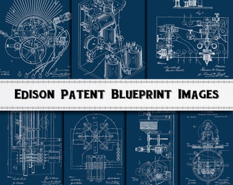 May include: A collection of six vintage blueprint images of Thomas Edison's patents. The images are in white on a dark blue background and feature detailed drawings of various inventions, including a telegraph signal receiver, a phonograph, and a microphone. The images are labeled with the patent numbers and dates.