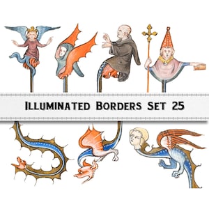 May include: A selection of medieval illustrations with figures and mythical creatures. The images include angels, dragons, and monks, with vibrant colours and intricate details. The text "ILLUMINATED BORDERS SET 25" is displayed across the image.