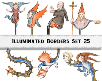 Medieval Illuminated Manuscript Ornament Borders Set 25, Digital Download, Mythical Creatures, Commercial Use Clipart