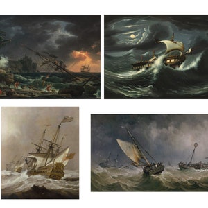 May include: Four paintings depicting ships in stormy seas. The first painting shows a ship wrecked on a rocky shore. The second painting shows a ship sailing through a stormy sea at night. The third painting shows a ship sailing through a stormy sea during the day. The fourth painting shows a ship sailing through a stormy sea with other ships in the distance.