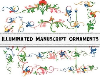 May include: A set of colorful, intricate, illuminated manuscript ornaments. The ornaments feature stylized floral designs with green leaves, pink and blue flowers, and gold accents.