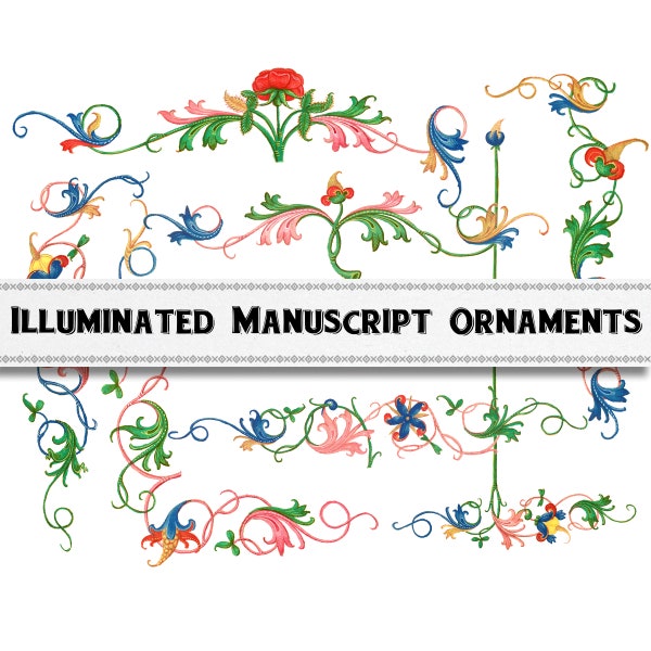 Medieval Illuminated Manuscript Floral Ornaments Set 2, Digital Download, Commercial Use Clipart, Middle Ages Knotwork Borders