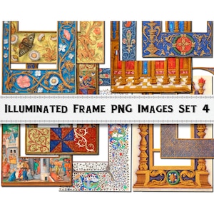 May include: Set of 10 digital images of illuminated manuscript frames. The frames are in various styles, including floral, geometric, and architectural. The images are in PNG format and are perfect for adding a touch of medieval elegance to your digital projects.