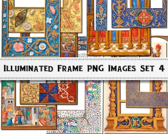Mittelalterlicher beleuchteter Manuskriptrahmen PNG-Bilder Set 4, digitaler Download, kommerzielle Nutzung Clipart-Grenzen
