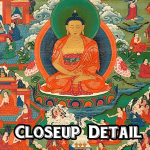 May include: A colorful painting depicting a seated Buddha in a red robe, surrounded by other figures in a landscape setting. The Buddha is surrounded by a green halo and sits on a lotus throne.