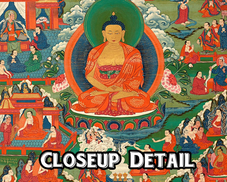 May include: A colorful painting depicting a seated Buddha in a red robe, surrounded by other figures in a landscape setting. The Buddha is surrounded by a green halo and sits on a lotus throne.