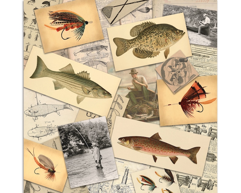 Vintage Fishing Digital Paper / Scrapbook Wallpapers / Fishing - Etsy