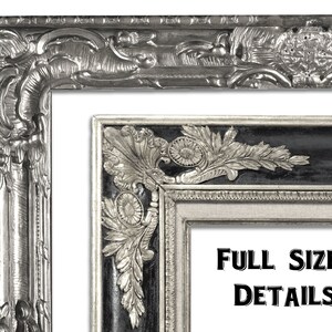 May include: Close-up of ornate silver picture frames with intricate detailing. The frames have a classic, vintage aesthetic, with decorative floral and scrollwork patterns. The text "FULL SIZE DETAILS" is visible.
