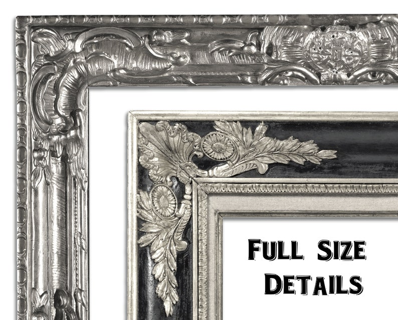May include: Close-up of ornate silver picture frames with intricate detailing. The frames have a classic, vintage aesthetic, with decorative floral and scrollwork patterns. The text "FULL SIZE DETAILS" is visible.