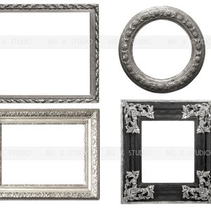 May include: Four ornate picture frames in silver and black. The frames are square, rectangular, and circular, with detailed carvings and textures. The frames are empty, with white space in the center. The text "BIG X STUDIO" is visible.