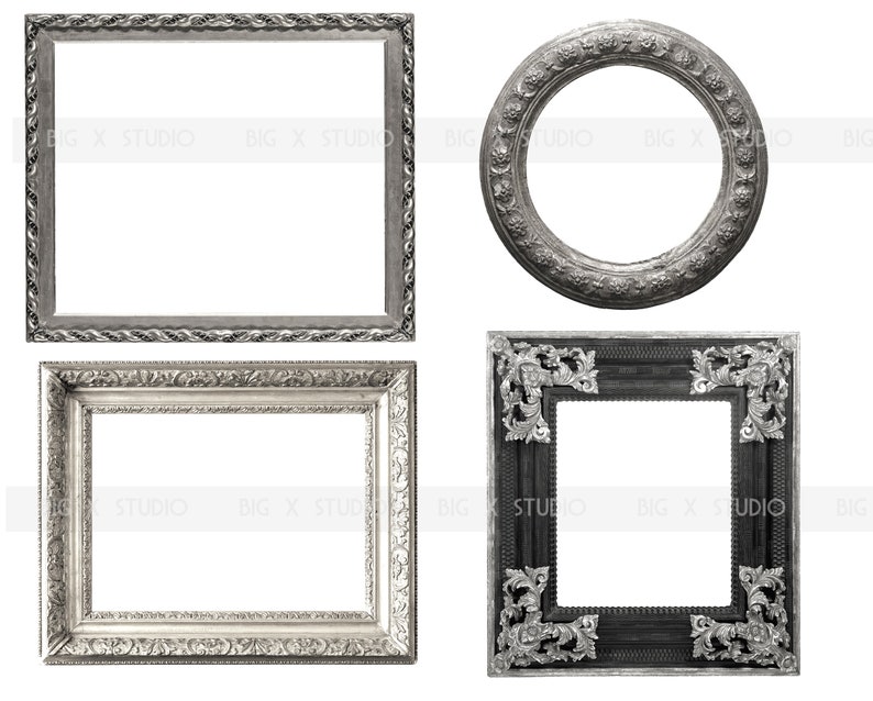 May include: Four ornate picture frames in silver and black. The frames are square, rectangular, and circular, with detailed carvings and textures. The frames are empty, with white space in the center. The text "BIG X STUDIO" is visible.