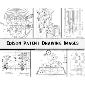 Puede incluir: Dibujos en línea en blanco y negro de varios inventos, incluyendo un instrumento de telégrafo de impresión, un fonógrafo y un sistema de engranajes. Los dibujos están etiquetados con el nombre del inventor, el número de patente y la fecha de la patente. El texto dice "Mejora en los instrumentos de telégrafo de impresión. No. 128,608. Patentado el 2 de julio de 1872."