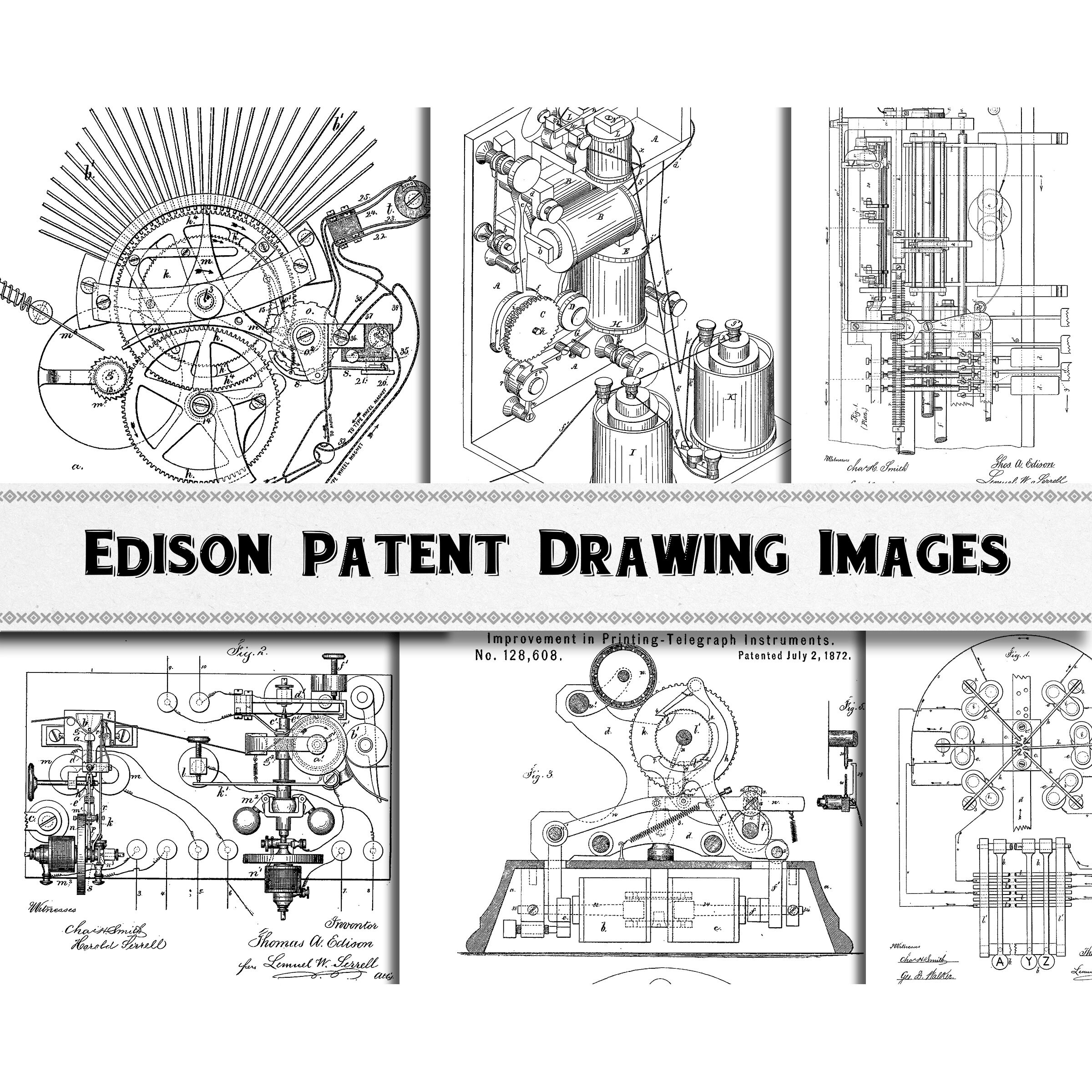 Thomas Edison Patent Drawing Images / Digital Download / Commercial Use / Steampunk Clipart