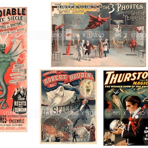 Pu&ograve; includere: Una collezione di manifesti vintage di spettacoli di magia. I manifesti presentano illustrazioni di diavoli, maghi e figure spettrali. Il testo include "Le Diable", "Tony Pastor's Great Show", "Robert Houdin" e "Thurston the Great Magician."