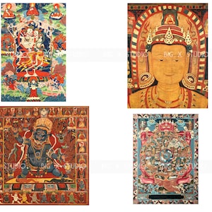 May include: Four colorful Tibetan Buddhist paintings depicting deities and mandalas. The paintings are framed in a simple wooden frame and have a traditional style.