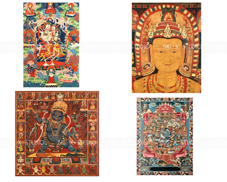 May include: Four colorful Tibetan Buddhist paintings depicting deities and mandalas. The paintings are framed in a simple wooden frame and have a traditional style.