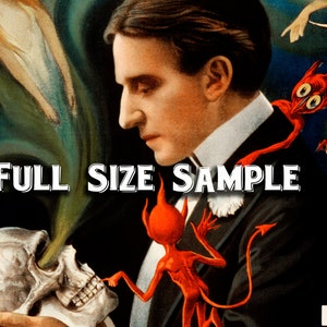 Pu&ograve; includere: Illustrazione vintage con un uomo in abito, un teschio e figure rosse simili a diavoli. Il testo "FULL SIZE SAMPLE" &egrave; ben visibile. L'opera d'arte ha un tema oscuro e surreale con uno sfondo verde e scuro.