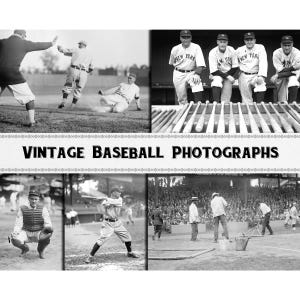 May include: A collage of vintage black and white photographs featuring baseball players. The photos show players in various poses, including batting, catching, and standing in a dugout. The text "Vintage Baseball Photographs" is displayed across the top of the collage.