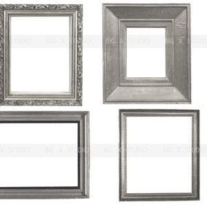 May include: Four silver picture frames of varying designs are displayed against a white background. The frames have ornate and simple styles, with rectangular openings. The frames are likely for displaying photos or artwork.