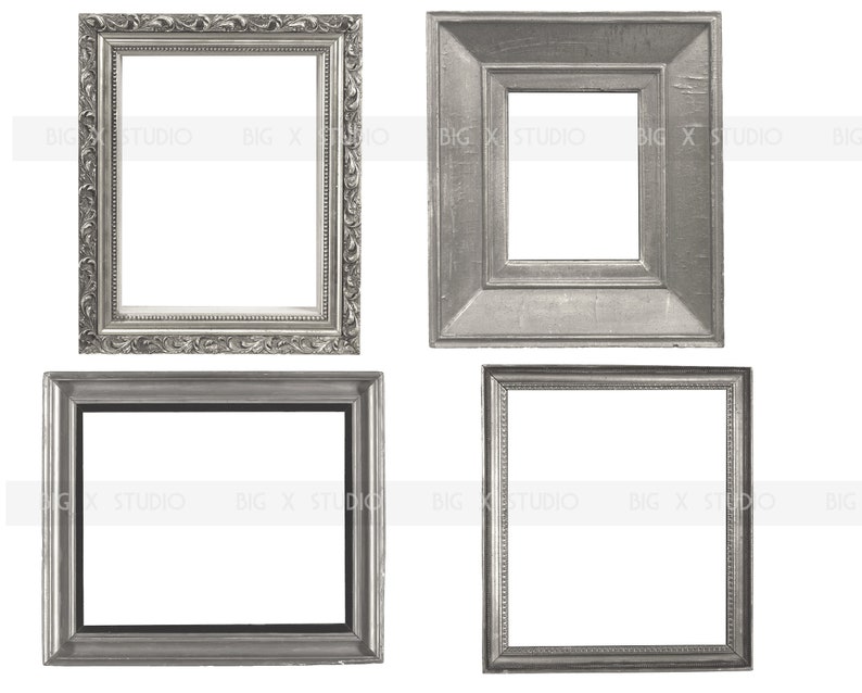 May include: Four silver picture frames of varying designs are displayed against a white background. The frames have ornate and simple styles, with rectangular openings. The frames are likely for displaying photos or artwork.