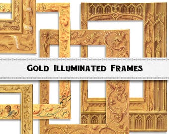 Medieval  Gold Frame Borders: Illuminated Manuscript Clipart (Digital Download)