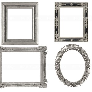 May include: Four ornate picture frames in various shapes. The frames are silver-colored with intricate detailing. One frame is rectangular with a simple design, another has a black background with silver accents, a third is rectangular with ornate carvings, and the last is oval-shaped.