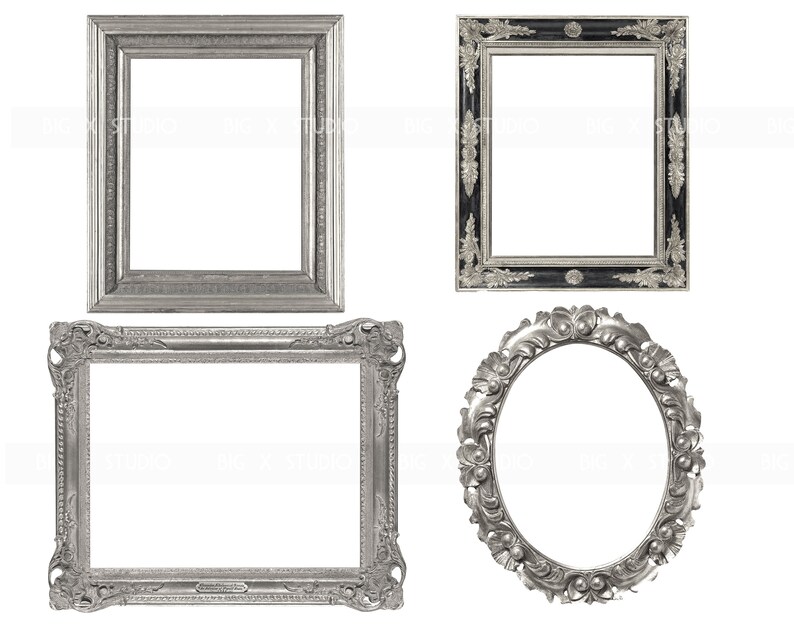 May include: Four ornate picture frames in various shapes. The frames are silver-colored with intricate detailing. One frame is rectangular with a simple design, another has a black background with silver accents, a third is rectangular with ornate carvings, and the last is oval-shaped.