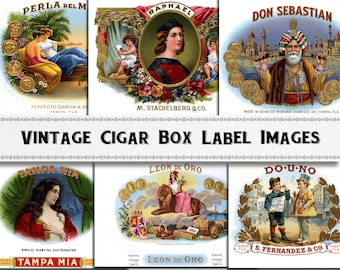 Può includere: Sei etichette vintage per scatole di sigari con illustrazioni e testo colorati. Le etichette mostrano immagini di una donna con una corona, un leone, un uomo con un turbante, una donna con un fiore, una donna con una corona e due uomini che fumano sigari.