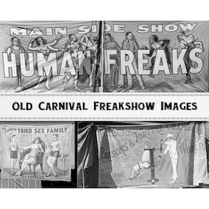 May include: Black and white photo of a carnival sideshow with three banners. The top banner reads "MAIN SIDE SHOW HUMAN FREAKS". The bottom left banner reads "IN PERSON THIRD SEX FAMILY THE FRANCOS". The bottom right banner reads "VARIOUS REASONS & TORTURE CHAMBERS SHOWING THE RAREST OF WORLD".