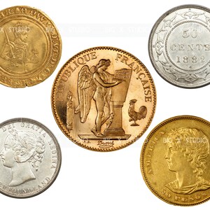 May include: A collection of five gold and silver coins from different countries. The coins feature various designs, including a portrait of a woman, a woman holding a book, a rooster, and a man with a sword. The coins are all in good condition and have a variety of dates.