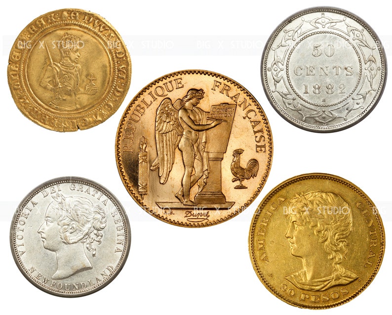 May include: A collection of five gold and silver coins from different countries. The coins feature various designs, including a portrait of a woman, a woman holding a book, a rooster, and a man with a sword. The coins are all in good condition and have a variety of dates.