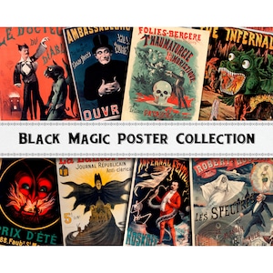 Może przedstawiać: Kolekcja plakatów z czarną magią w stylu vintage. Plakaty przedstawiają ilustracje demonów, szkieletów i innych nadprzyrodzonych postaci. Tekst "Black Magic Poster Collection" jest wyświetlany.