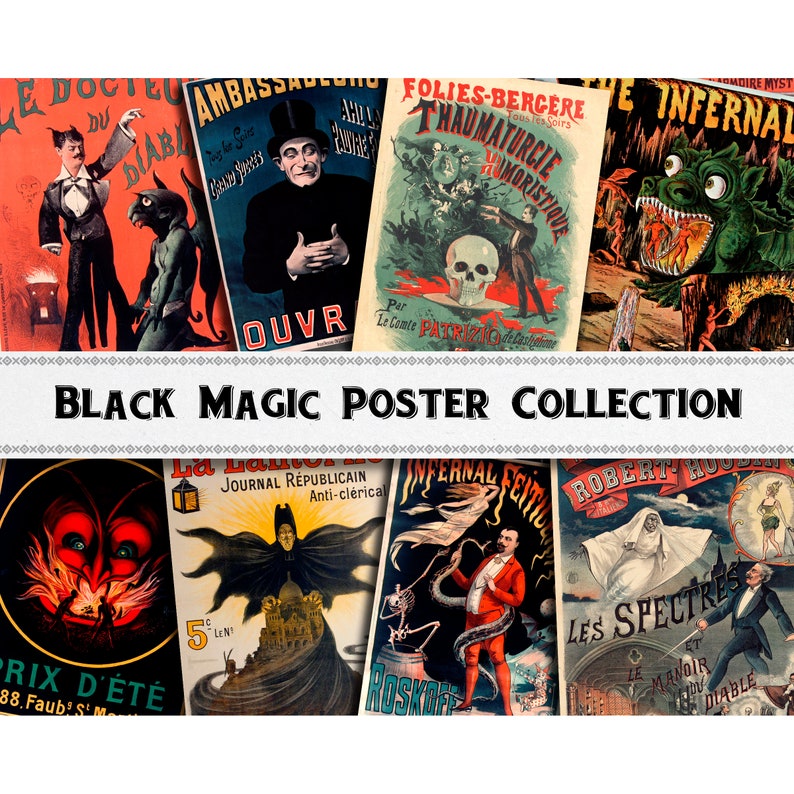 Pu&ograve; includere: Una collezione di manifesti vintage di magia nera. I manifesti presentano illustrazioni di demoni, scheletri e altre figure soprannaturali. Il testo "Black Magic Poster Collection" &egrave; visualizzato.