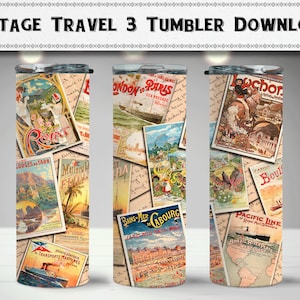 Vintage Travel Tumbler 3, Skinny 20oz Tumbler Wrap, Sublimation Design, Digital Download, Travel Poster PNG