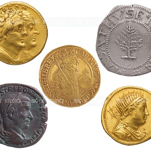 May include: Five antique gold and silver coins with various designs and inscriptions. The coins feature portraits of historical figures, a tree, and other symbols.