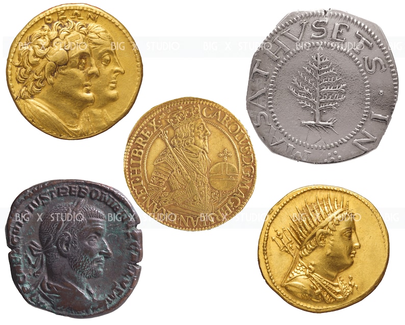 May include: Five antique gold and silver coins with various designs and inscriptions. The coins feature portraits of historical figures, a tree, and other symbols.